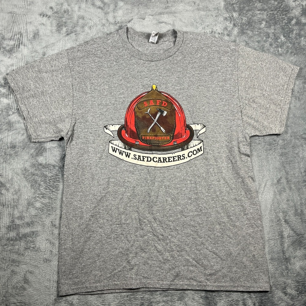 Gildan T-Shirt Mens Large Heather Gray SAFD Fire Fighter Graphic Short Sleeve